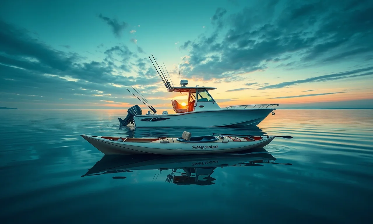 A bass boat, center console, and fishing kayak on calm water