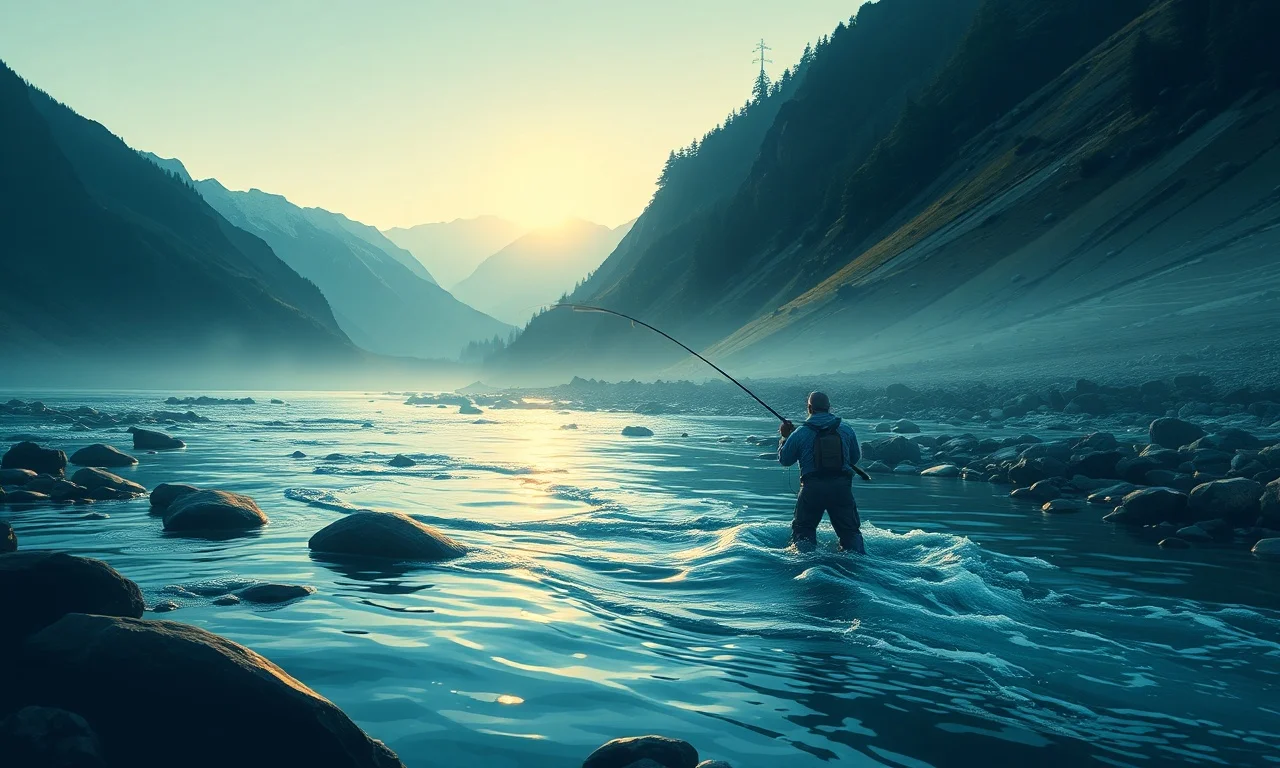 Fly angler mid-cast on a mountain river