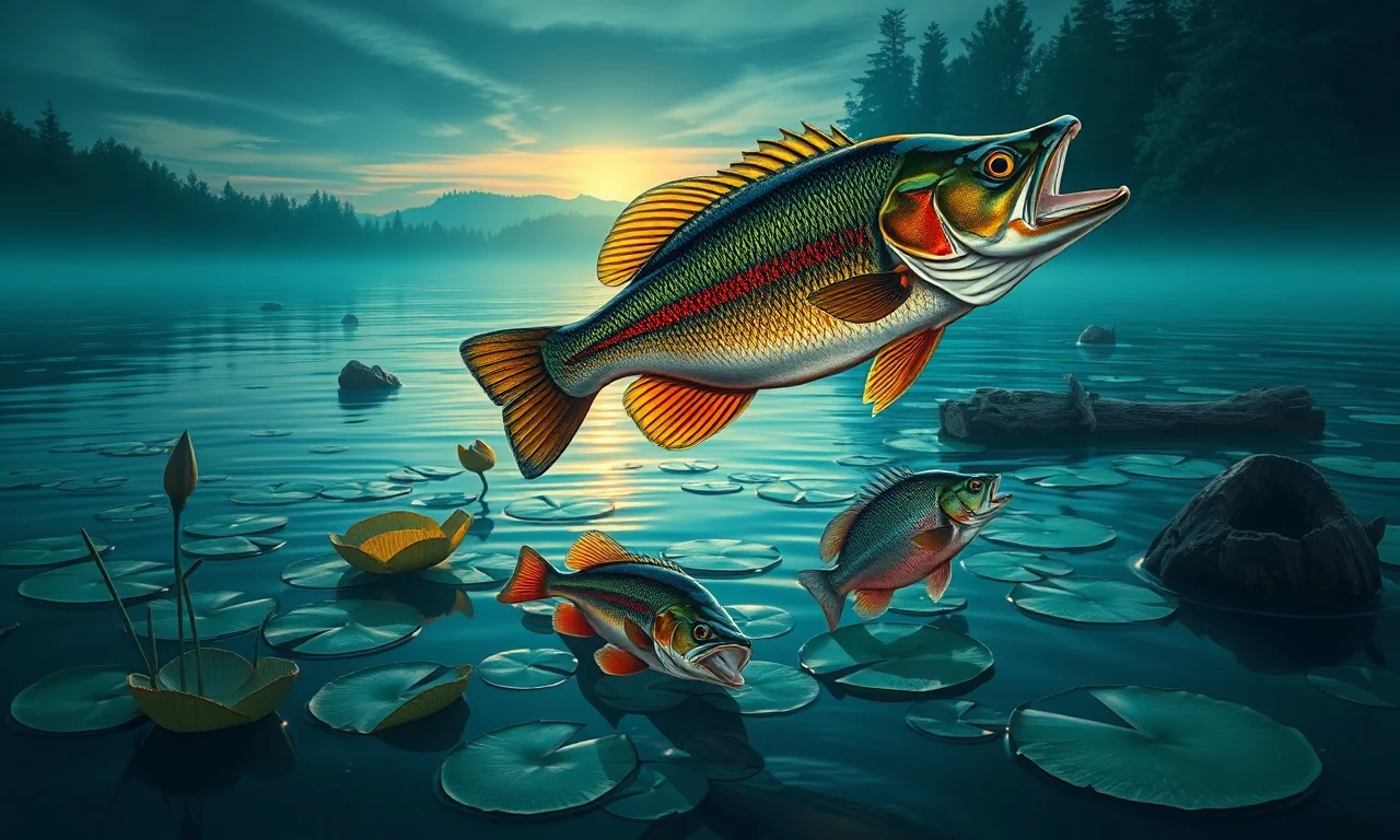 Largemouth bass, rainbow trout and bluegill in a freshwater lake