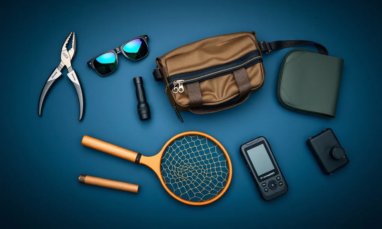 Essential fishing gear and accessories flat lay
