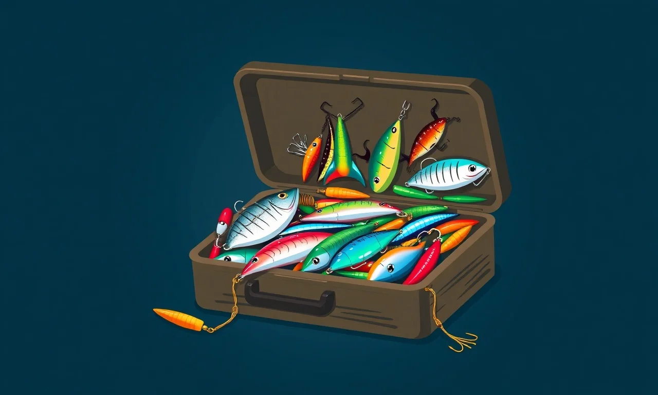 Types of fishing lures, baits and tackle in an open tackle box