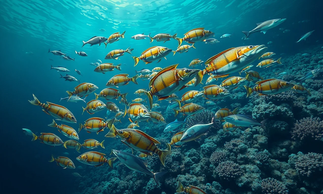 Assorted saltwater reef fish — snapper, grouper, jack, shark
